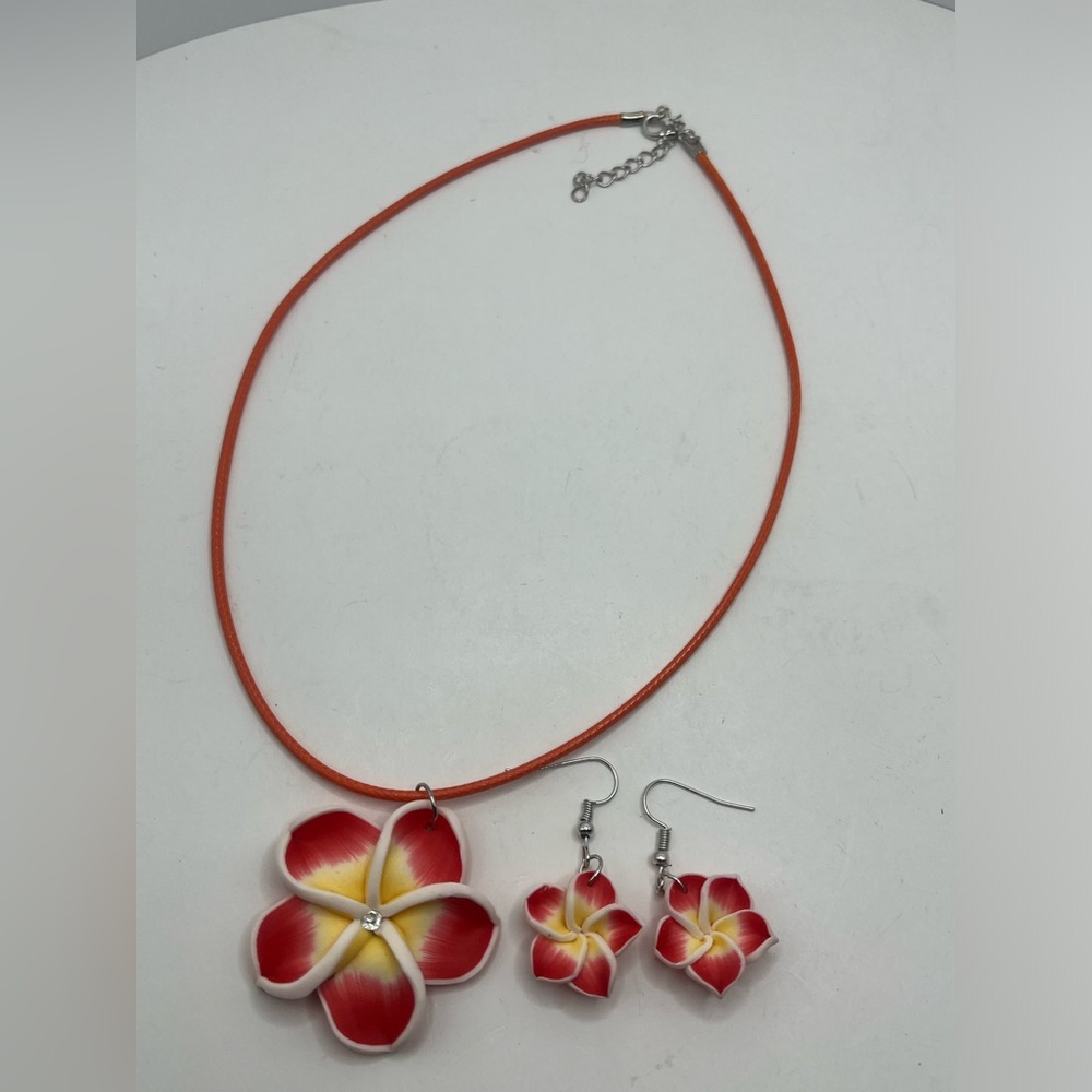 Floral Red and Yellow Necklace and Earrings Set